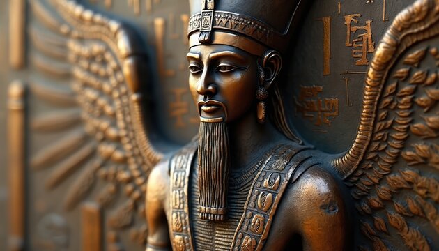 Sculpture depicts winged Mesopotamian deity Enlil in ancient Sumerian attire. Bronze artifact shows regal figure with detailed headdress beard jewelry. Religious art features cuneiform symbols.