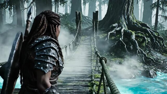 Female Warrior Crossing Rope Bridge in Misty Forest

