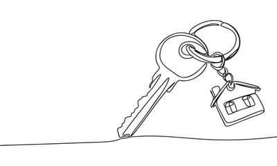 Continuous Line Drawing of House Key and Keychain