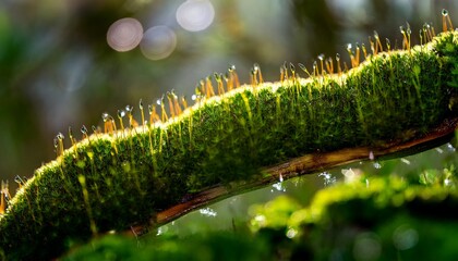 Fototapeta premium Close-up Macro Photograph of Vibrant Green Moss Texture with Dew Drops and Strong Sunlight