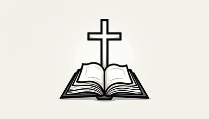 Open bible with cross symbol above. Represents religious belief spiritual faith and sacred scripture. Used for church websites articles or sermons about Christianity.