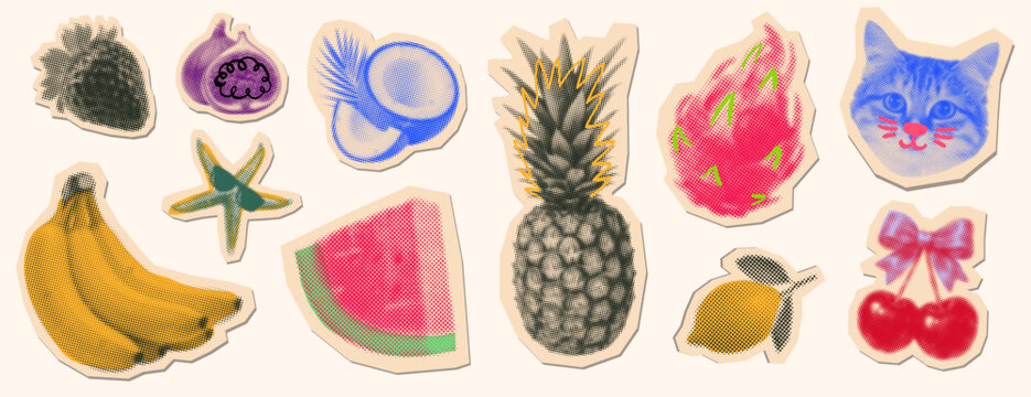 Set Scrapbook Collection Tropical Fruit Graphic Design Elements and Fruit Collages Clipart Vector for Healthy Fresh Smoothie, Passion, 