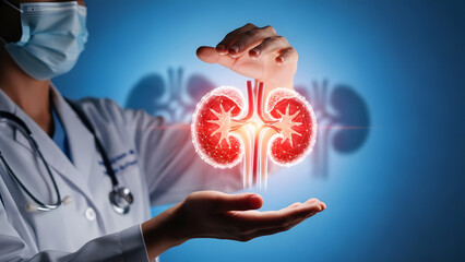 Doctor Holding Glowing 3D Model of Human Kidneys with Stethoscope medical healthcare
