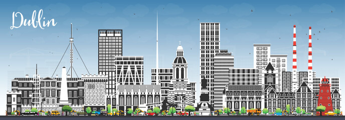 Dublin Ireland city skyline with color buildings and blue sky. Illustration. Dublin cityscape with landmarks. Business travel and tourism concept with modern and historic architecture.