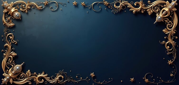 Ornate gold borders frame dark blue background. Decorative floral elements with jewels and stars adorn corners and edges. Elegant pattern suggests luxury, vintage style, or celebration.