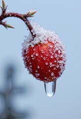Close-up of a Frozen Red Berry Covered in Ice Crystals with a Delicate Water Droplet Hanging Against a Blue Sky Background