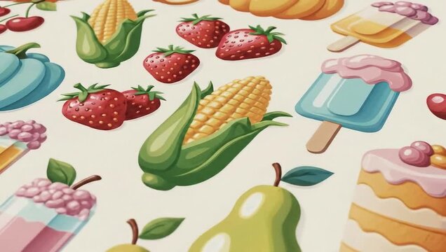 A delightful assortment of colorful fruits, vegetables, and desserts, including pumpkins, corn, strawberries, cherries, pears, and popsicles, creating a vibrant and playful pattern.