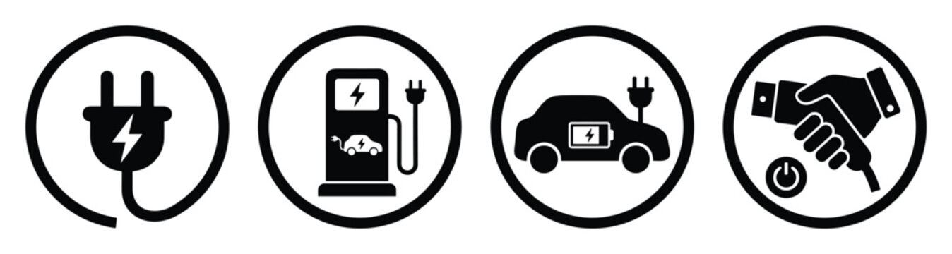 Electric vehicle charging station icons, plug, charger, car charging symbol