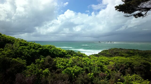 Dramatic cloudy sky over turquoise ocean and coastal shrubs