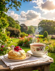 cup of tea and scone cakes on the table in the garden at the afternoon 