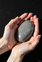 Gently Cupped Hands Holding a Smooth Gray Stone Against a Dark Background Highlighting Serenity and Balance