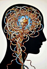 Intricate Visualization of a Human Silhouette with a Complex Network of Cables Encircling a Central Core Depicting the Mind's Inner Workings and Connectivity