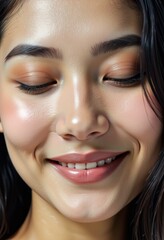 Serene Woman with Natural Makeup and Soft Glow, Eyes Closed in a Peaceful Expression, Highlighting Smooth Skin and Subtle Blush with a Gentle Smile