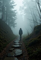 Person Walking Along Foggy Pathway Surrounded by Misty Forest Creating a Mysterious Ambiance and Serene Landscape