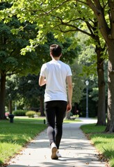 Young individual in casual attire walking along a sunlit park pathway surrounded by lush green trees and vibrant foliage on a bright summer day
