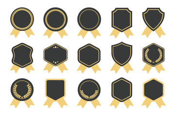 A collection of blank award badges and ribbons on a white background