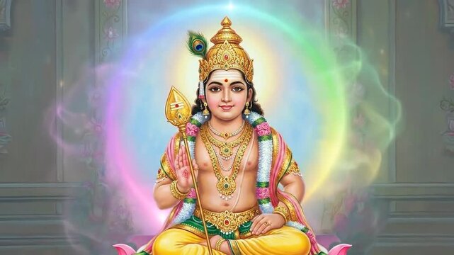 Digital illustration of lord murugan holding the vel, radiating a spiritual rainbow glow in a temple setting.