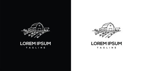 Rural landscape illustration featuring a barn and fields in a simple design on contrasting backgrounds