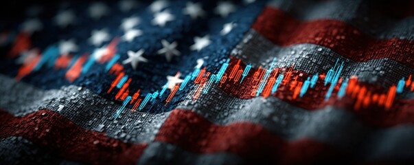 American flag background with stock market charts symbolizing finance, national pride, and market volatility