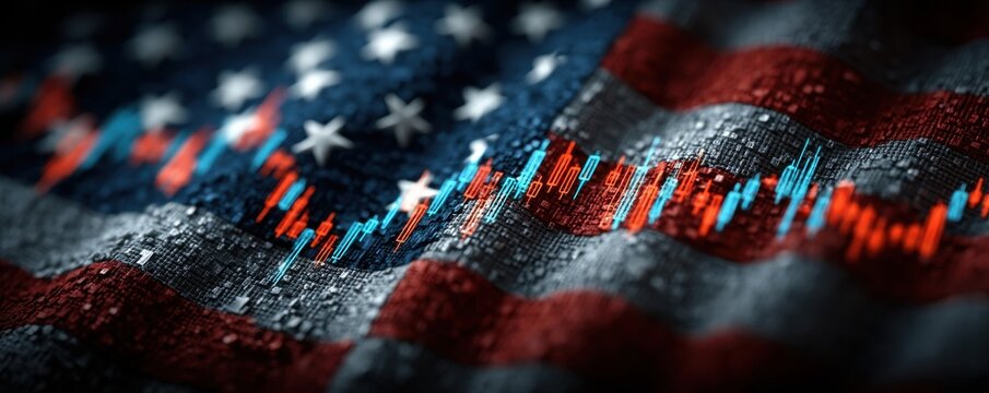 American flag background with stock market charts symbolizing finance, national pride, and market volatility - Powered by Adobe