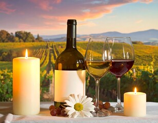 Romantic evening scene with a wine bottle, glasses filled with red and white wine, candles, and a flower. Beautiful vineyard backdrop