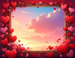 Romantic illustration featuring a frame adorned with hearts, framing a sunset sky, suitable for love-themed designs