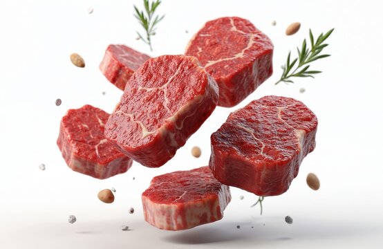 Raw beef steaks, pork chops levitate against white background with scattered herbs, spices. Cuts of meat display marbled fat, vibrant red color. Dynamic composition suggests preparation, culinary