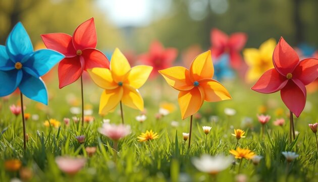 Colorful pinwheels spin gently in a sunny meadow filled with wildflowers and lush green grass. The playful toys evoke a sense of pure childhood joy and the vibrant spirit of spring season.