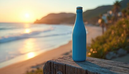 Blue bottle sits on wooden surface with ocean waves and golden hour sunset. Drink container represents hydration and travel on a calm beach.