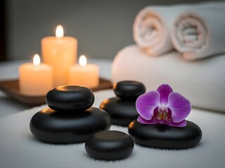 Hot Stones and Orchid with Lit Candles and Rolled Towels for Spa Relaxation and Wellness Therapy