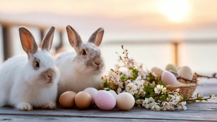 Two adorable rabbits sit beside a basket of colorful eggs and blooming flowers during a serene sunset, creating a delightful springtime scene of joy and renewal.