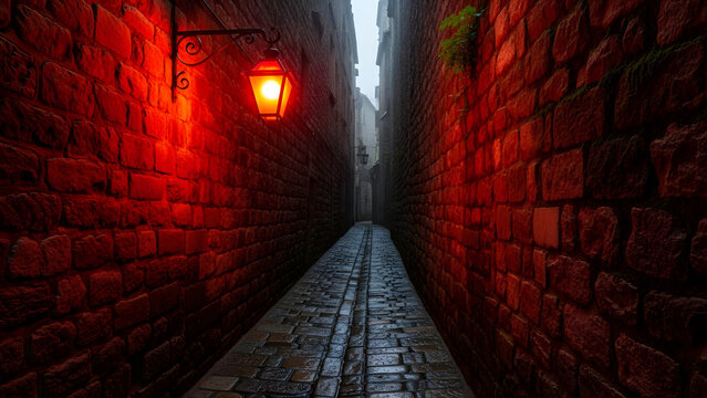 narrow alleyway with red lantern, brick walls and cobblestone street