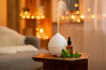 Cozy home setting with essential oil diffuser and calming ambiance