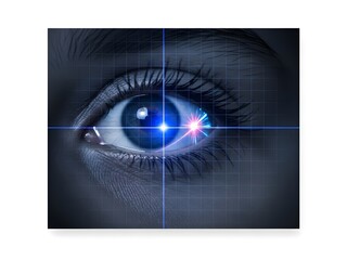Human Eye Undergoing Laser Vision Correction with Digital Grid Overlay and Blue Light Technology for Medical Procedure