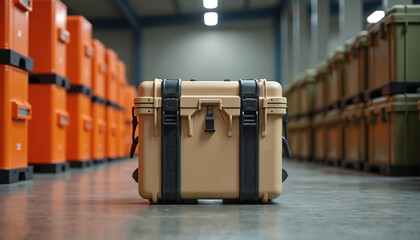 Rugged tan protective case sits in a modern warehouse amid stacks of orange and green cargo containers. This durable container offers secure storage and transport for valuable equipment.