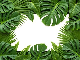 Lush Green Tropical Leaves Frame with Monstera, Palm, and Fern on Clean White Background with Copy Space for Summer Nature Design
