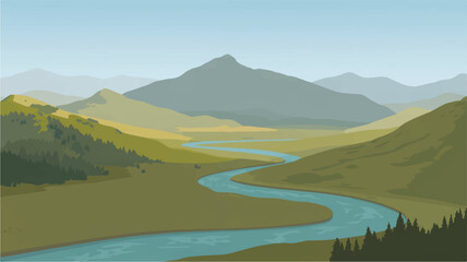 Digital illustration of a serene river winding through a lush green mountain valley, flanked by majestic peaks and dense forests
