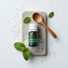 Peppermint essential oil bottle with fresh mint leaves and sea salt