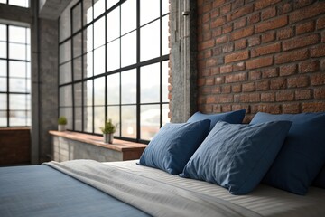 A bedroom with a blue bed and pillows