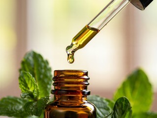 Mint essential oil drops falling from pipette into amber bottle