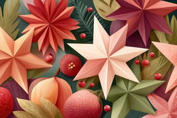 Vibrant origami stars in red, pink, and warm tones for festive décor and celebration