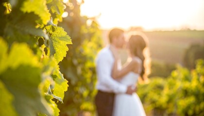 Romantic moment captured during a sunlit embrace. A couple shares a tender kiss amidst vineyard leaves, with golden light in the distance