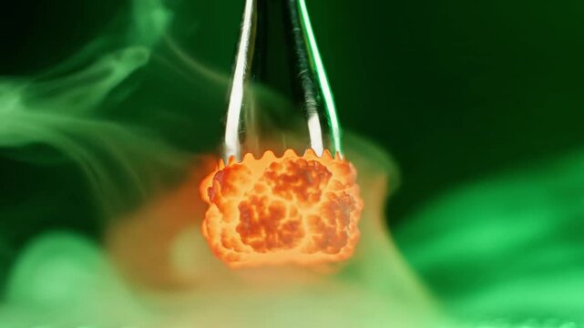 A glowing orange object held by metal tongs with green smoke