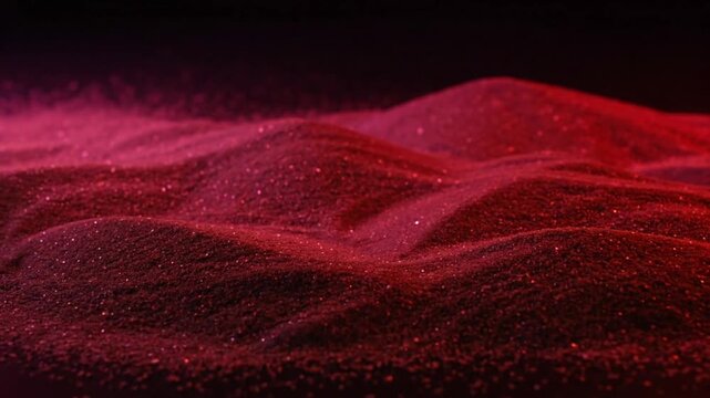 Mesmerizing landscape of shimmering red particles forming gentle, undulating hills, bathed in dramatic light creating a mysterious abstract texture