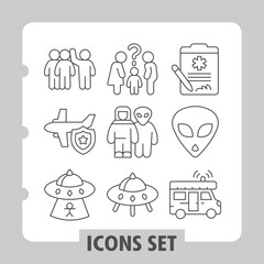 Activist man, community, alien ship simple icons depicting people technology security and transport concept. Vector graphics. Set of nine thin line icons on white background.