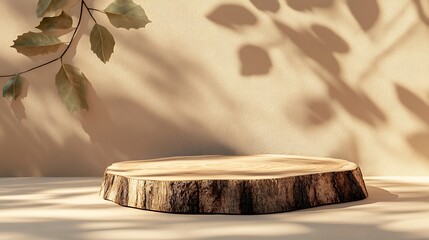 Natural wooden display stand with leaf shadow