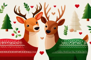 Naklejka premium Two reindeer wearing festive sweaters stand together in a snowy Christmas scene with hearts and trees