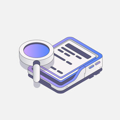 Isometric illustration of magnifying glass over digital documents in tech gradient style.