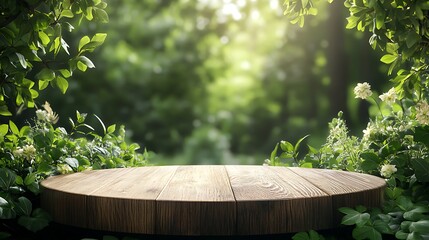 Wooden table in lush forest