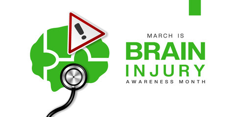 March Is National Brain Injury Awareness Month. Brain, sign and stethoscope. Great for cards, banners, posters, social media and more. White background.  
